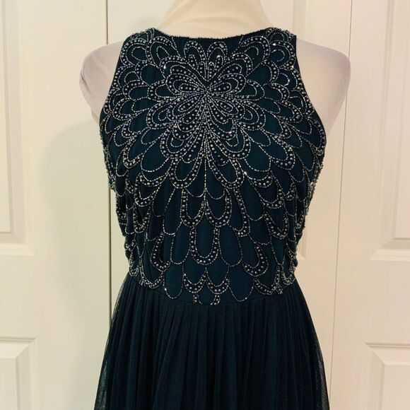 Lace & Beads Navy Blue Beaded Tulle Pleated Skirt Dress Medium - Picture 2 of 13